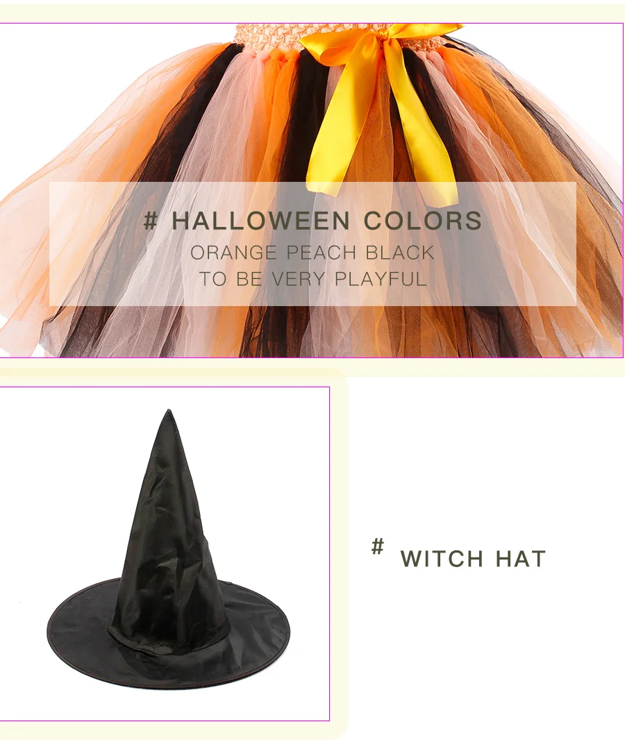 Girls Halloween Tutu Dress with Witch Hat Princess Tulle Kids Carnival Party Costume Knee-Length Handmade Children Clothing (4)