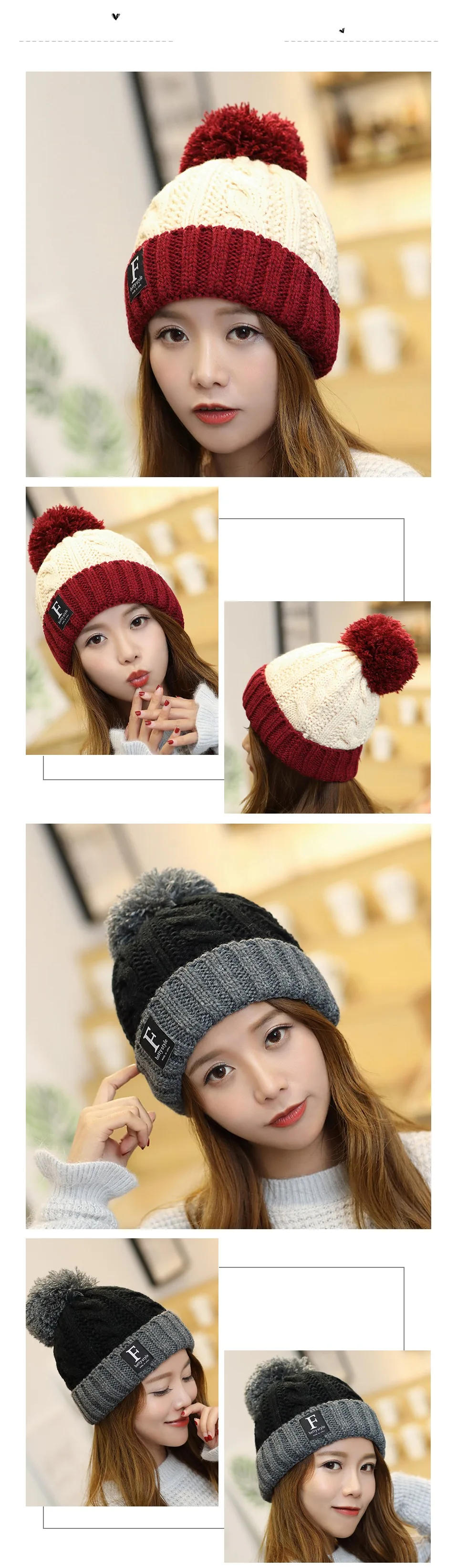 Winter Keep Warm Knitted Hat Women Outdoor Warm Double Color Cap Female Creative Pompom Decoration Cap Beanies