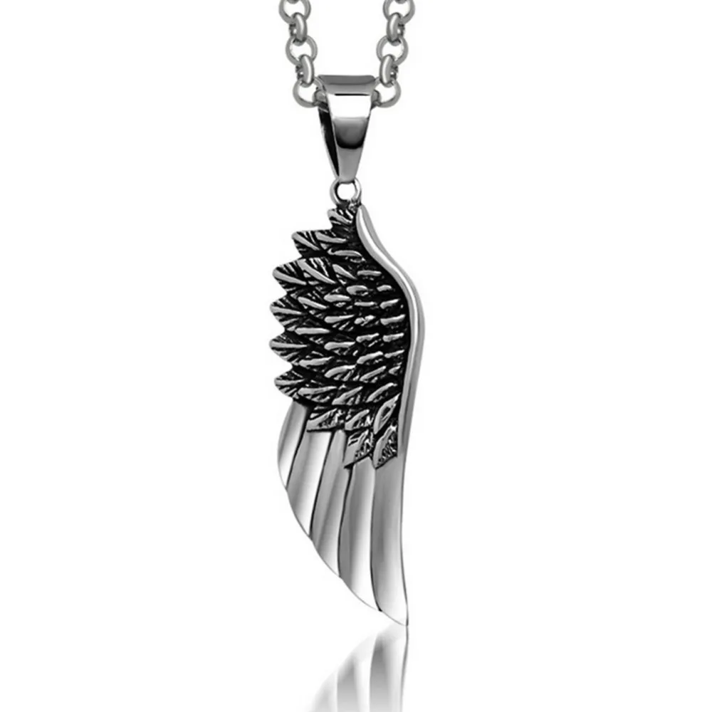 cheap Fashion Men #039;s 925 Silver Plated Necklace with Angel Wings Pendant Vintage Old Jewelry Retro Personality Stainless Steel Feather