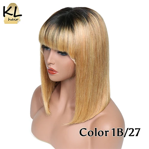 KL Hair, 13*4, парики из натуральных волос на кружеве с челкой, бразильские волосы remy, прямые короткие волосы, парик без клея, 130%, Омбре, цветные парики - Цвет: T1B/27