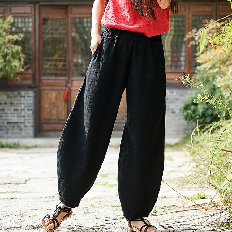 LZJN 2019 New Women Solid Color Pockets Loose Pants Vintage Elastic Waist Cotton Linen Wide Leg Full Length Pants (38)