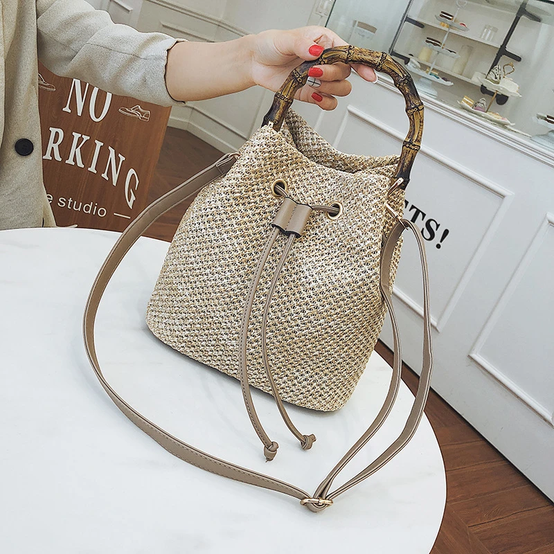 

SGARR Women Straw Handbags Fashion Designer Summer Beach Shoulder Bag New Casual Bamboo Handle Ladies Woven Bucket Crossbody Bag