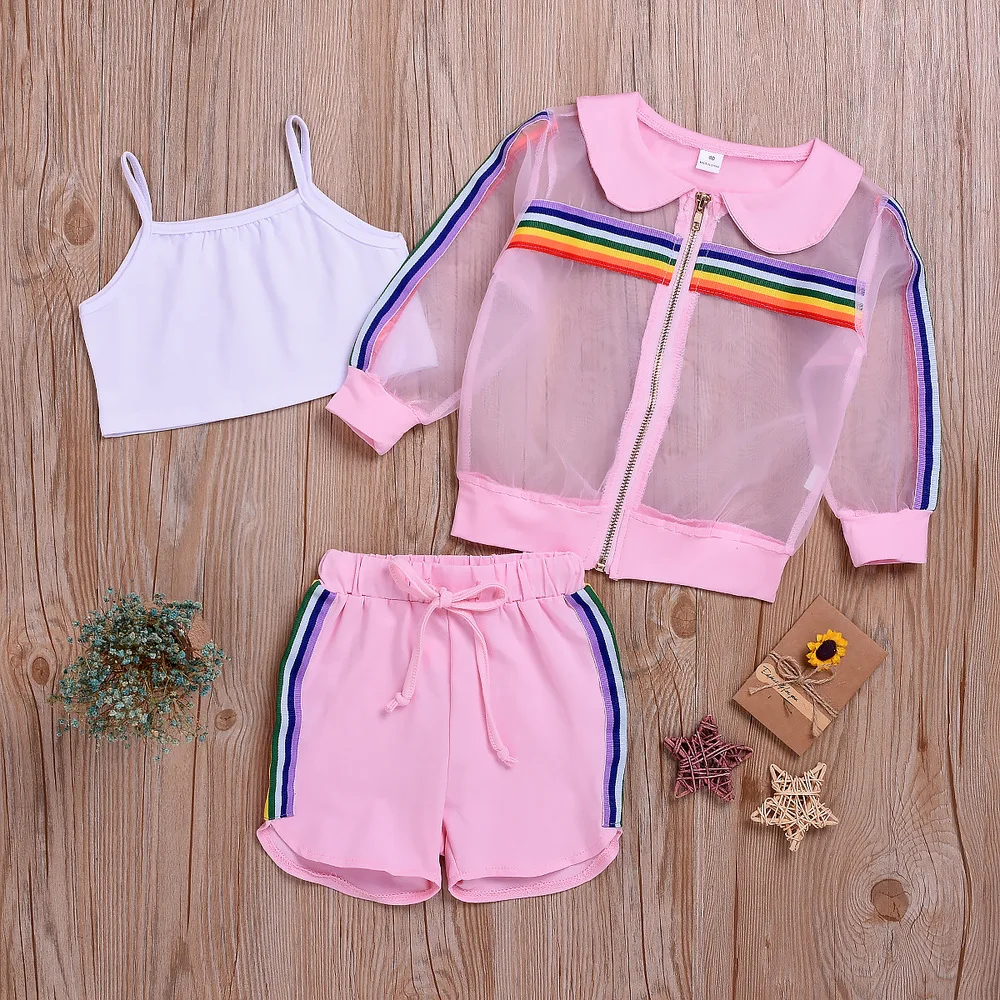 3Pcs Toddler Girl Clothes 2019 Summer Kid Rainbow Sun Protection Clothing Vest Shorts Children Set Outfits Sports Suit For Girls (3)