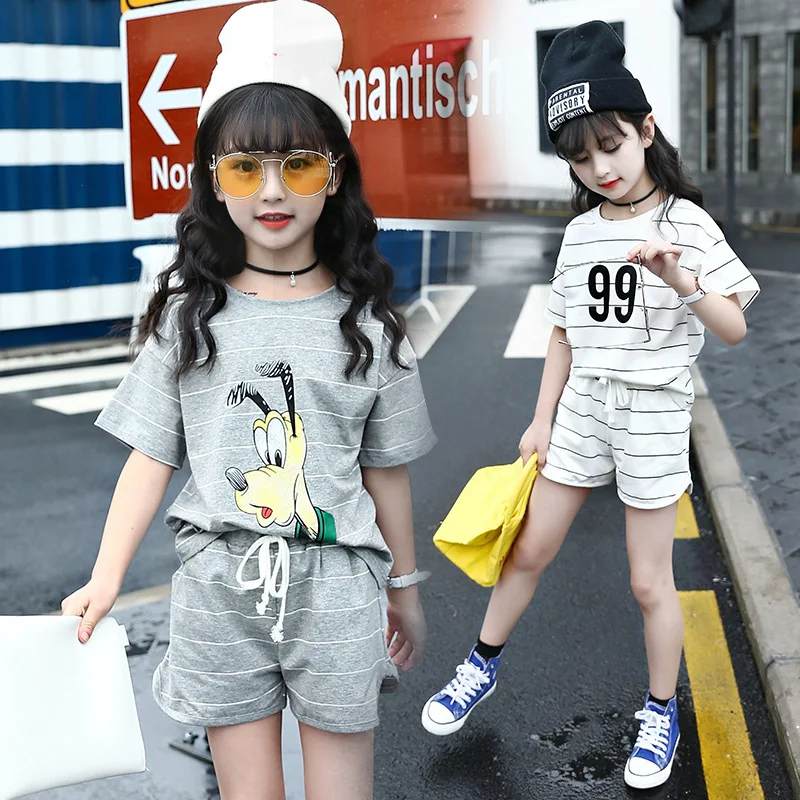 

Girls Set 2017 New Summer Fringe Five Pants Casual Cotton Short Sleeved Shorts Two Piece Set