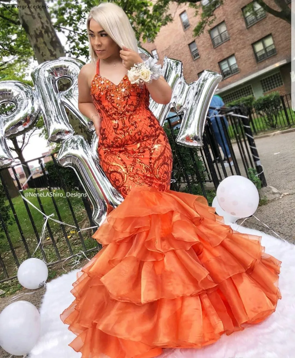 Coral Prom Dresses 2019 Mermaid Halter Neck Sequins Appliques Ruffles Long Evening Gowns Plus Size Red Carpet Dress  185 (4)