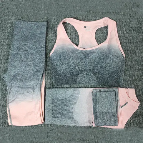 Комплект из 3 предметов для йоги, спортивный бюстгальтер с эффектом омбре, бесшовные леггинсы с высокой талией, укороченный Топ с длинным рукавом, женская одежда для бега, тренажерного зала, спортивный костюм для фитнеса - Цвет: Dark Gray Pink