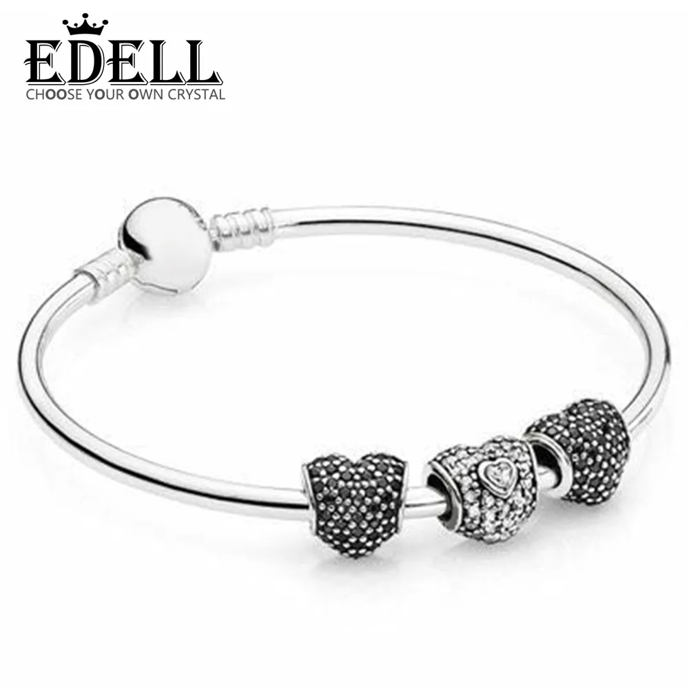 

EDELL 100% 925 Sterling Silver 1:1 Pave Heart Charm Beaded Bracelet Original Bangle Set Gift Wedding Birthday Gift Recommended