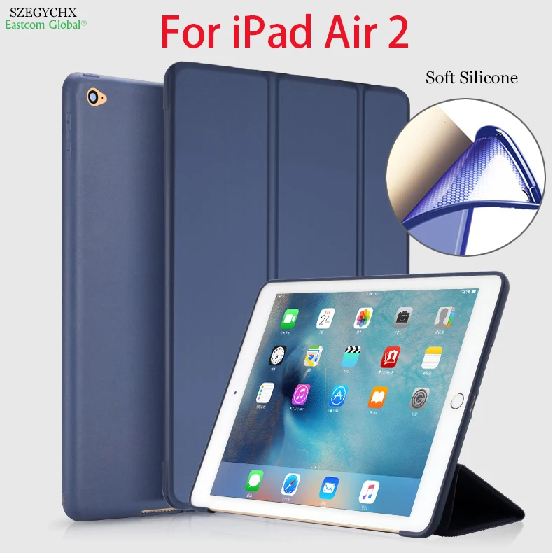 Smart Case For iPad Air 2 A1566 A1567 Soft Silicone bottom + PU Leather