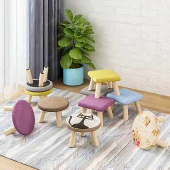 

Round Square Fabric Wooden Stool Chair for Children Small Footstool Change Shoes Sofa Ottoman Kids Furniture Bedroom Wood Bench