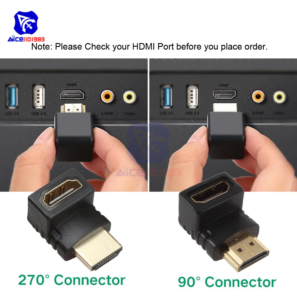 Адаптер HDMI под прямым углом 90/270 градусов Позолоченный разъем Папа мама с