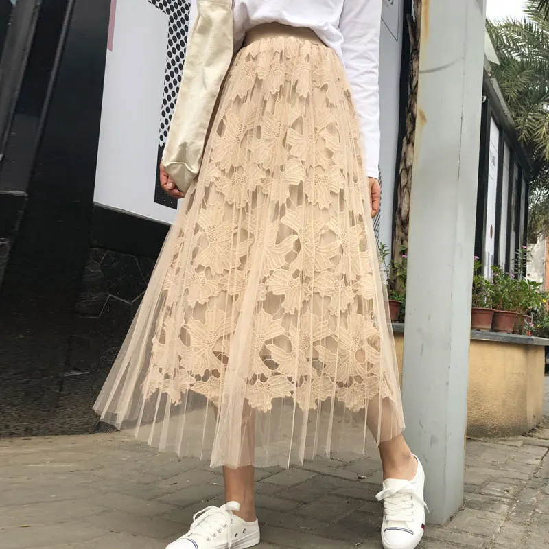 

YICIYA pleated lace mesh skirt for women tulle skirts tutu tule rok long high waist ankle length 2019 summer female clothes