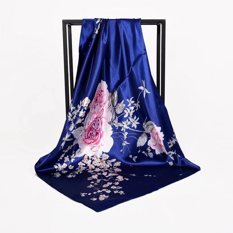 [BYSIFA] Китайские розы квадратные шарфы дизайн зимний женский шелковый шарф шаль весенний атласный шарф накидка темно-синий, розовый 90*90 см - Цвет: navy blue peony