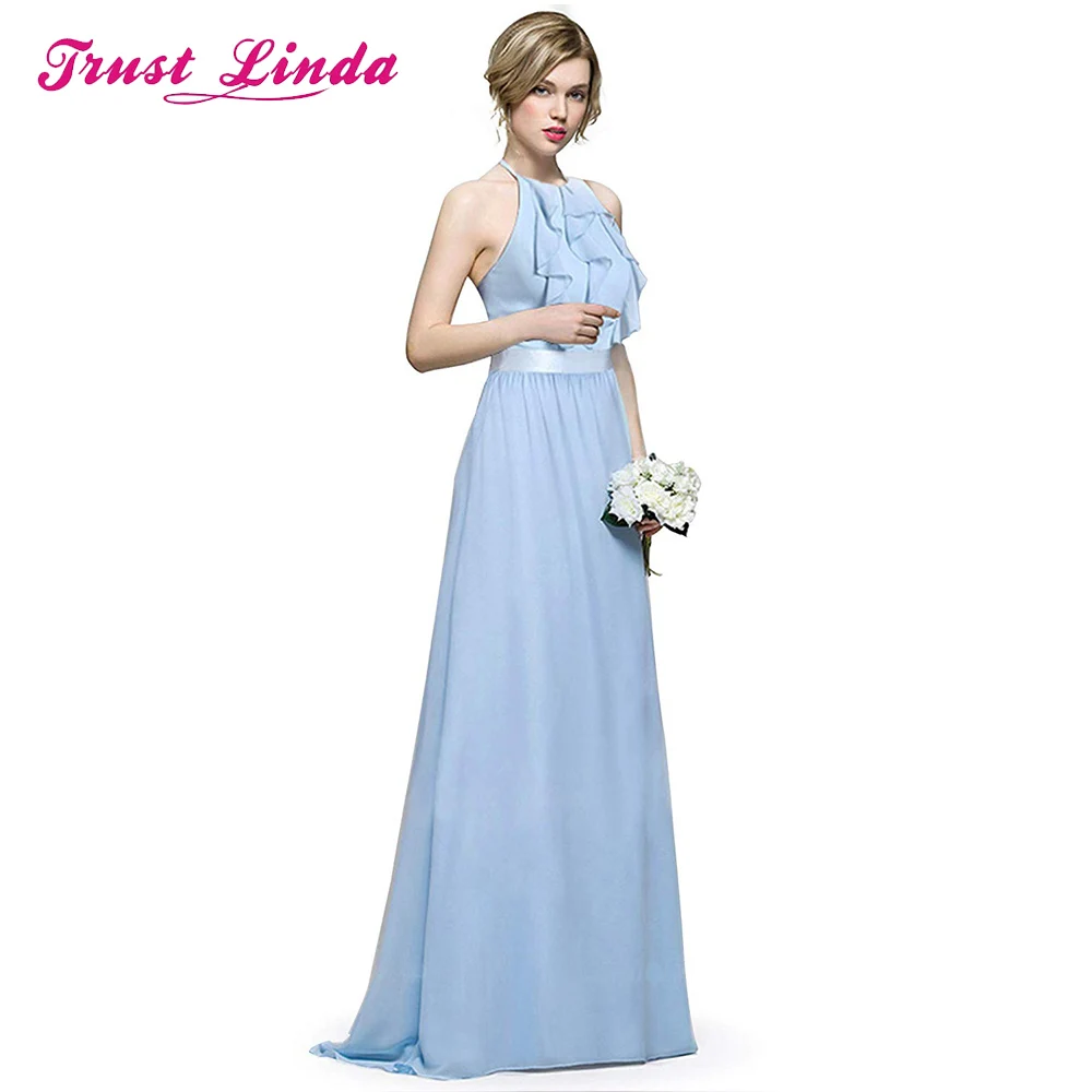

Fashion Halter Neck Unique Tops A-line Chiffon Prom Gown Floor Length Party Dress Custom Made