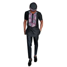 African clothing men's print set shirt with trouser black patchwork Ankara pant sets customized wedding wear male formal outfits