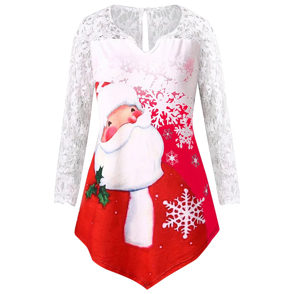Женские новогодние майки размера плюс 5 XL с рождественским принтом Санта Клауса, Кружевная туника, футболка, Топ с длинным рукавом, blusas femininas - Цвет: 2