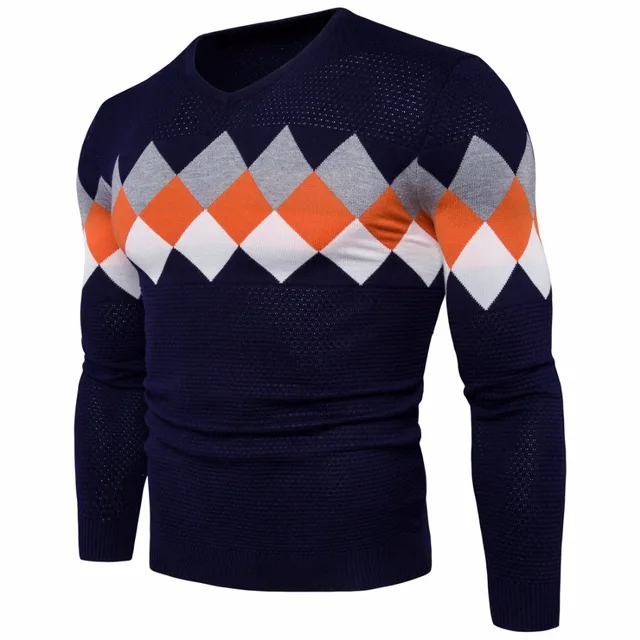 2017 New Fashion Multicolor Plaid Pullover Sweater Men V Neck Autumn