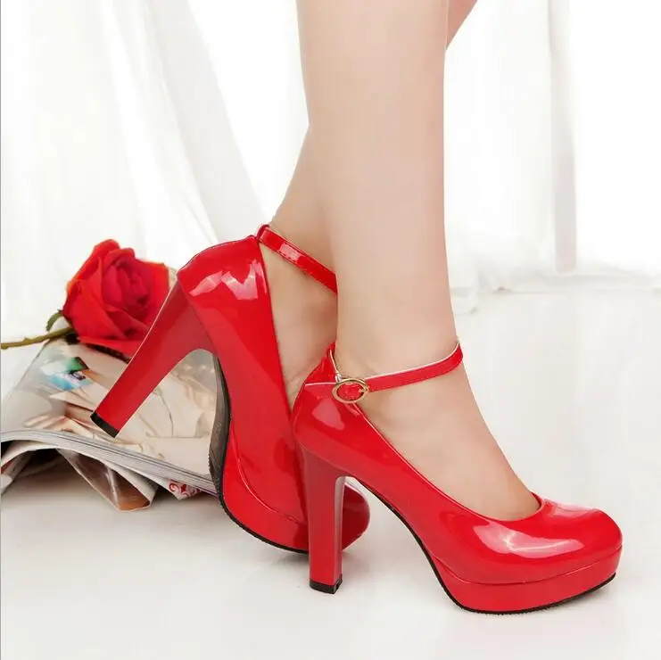 

2016 New Style Fashion High Heel Buckle Chunky Heels Red Wedding Shoes,Business Wear Pumps Bridesmaid Shoes Women Casual Shoes