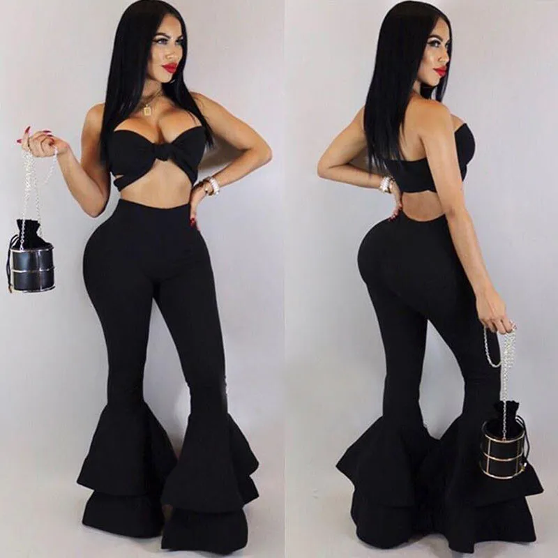 أسود مضيئة السراويل النساء Aututmn الشتاء 2019 الأزياء تمتد الطبقات كشكش السراويل نحيل السراويل عالية مخصر جرس قيعان السراويل