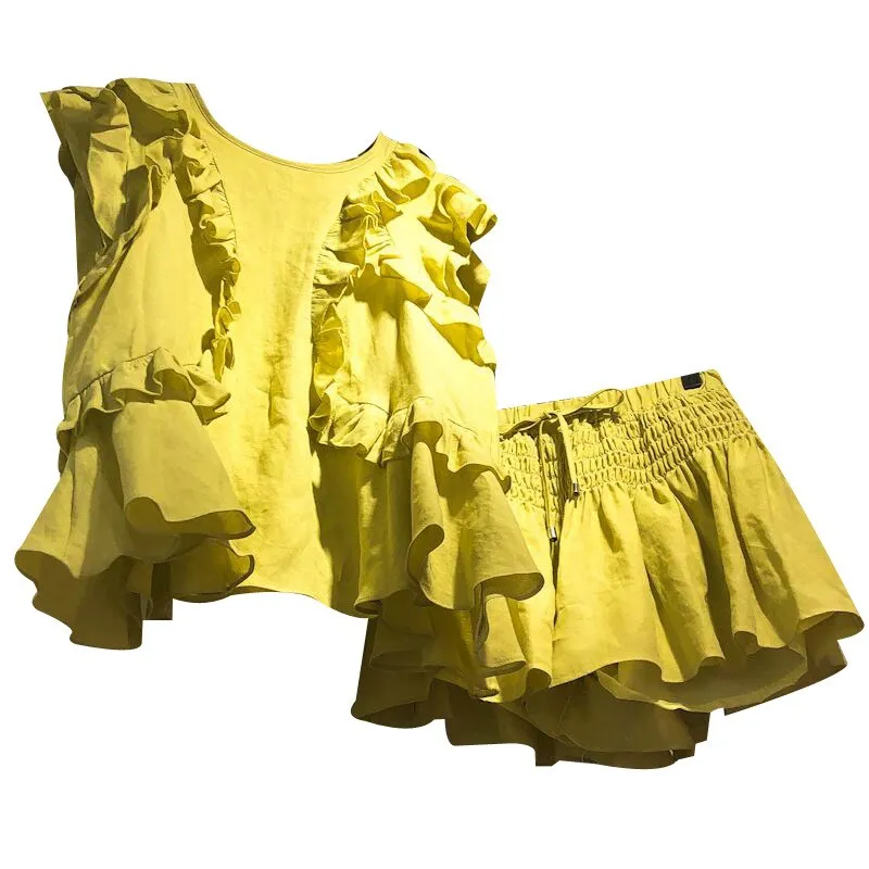 

Fashion Ruffles Sleeveless Shirts And Divided Skirt 2 Piece Set Loose Women Elastic Skirt Shorts Tracksuits Casual Skirts Suits