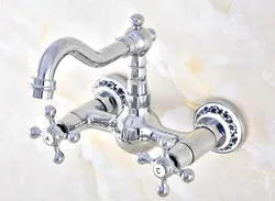 Polished Chrome Brass Wall Mount Bathroom Basin Kitchen Sink Faucet Swivel Spout Mixer Tap Dual Cross Handles Levers anf579