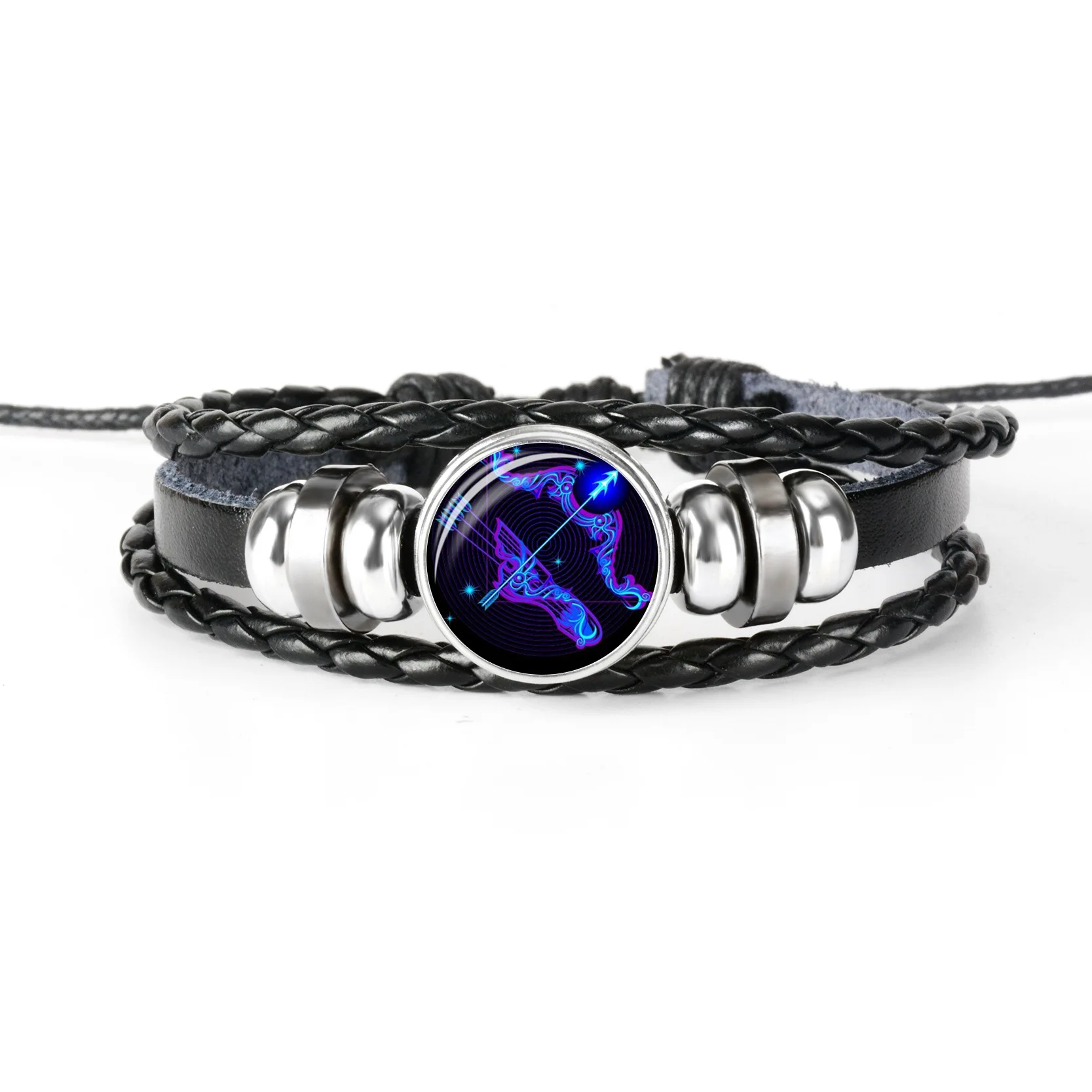 12 Constellation Zodiac Sign Black Braided Leather Bracelet Cancer Leo Virgo Libra Woven Glass Dome Jewelry Punk Men Bracelet - Окраска металла: XZS005-9