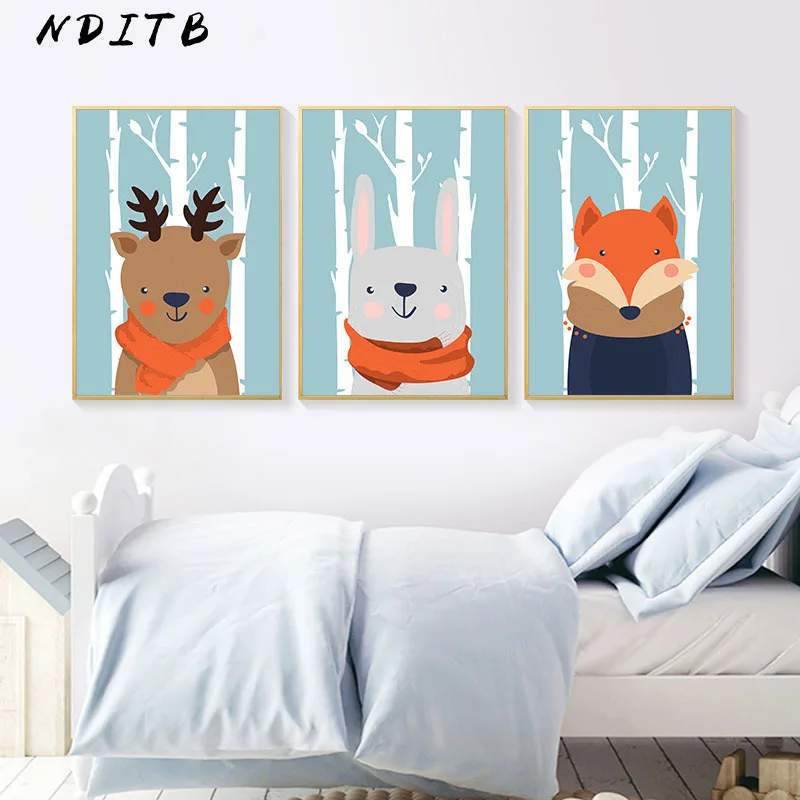 

NDITB Woodland Animal Fox Deer Canvas Posters Baby Nursery Wall Art Print Cartoon Painting Nordic Kids Decoration Pictures