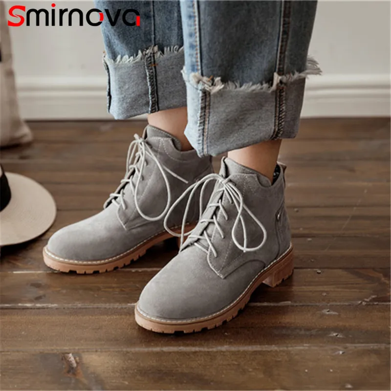 

Smirnova TOP fashion lace up ankle boots 2020 autumn winter flock woman boots casual platform med heels boots big size shoes