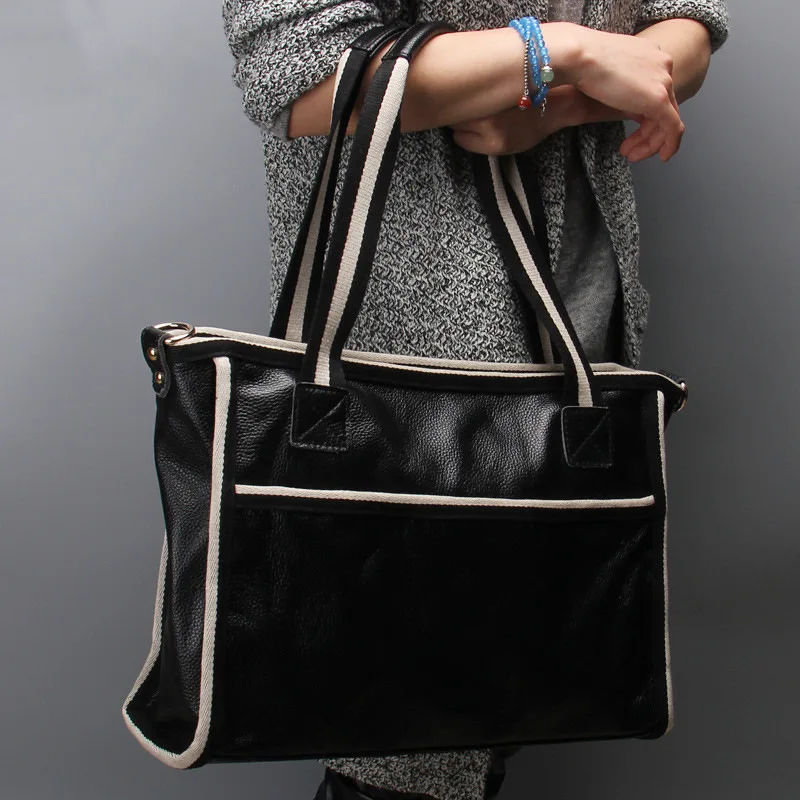 

new Low profile women bag genuine leather shoulder bag cowhide generous ladies handbag white striped decoraton leather tote bags