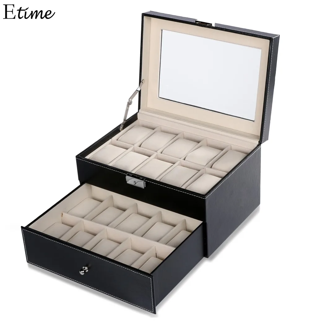 

FANALA 20 Grid Slots Watch Box Jewelry Organizer High Quality Double Layers Leather PU Display Box With Key Square Boite Montre