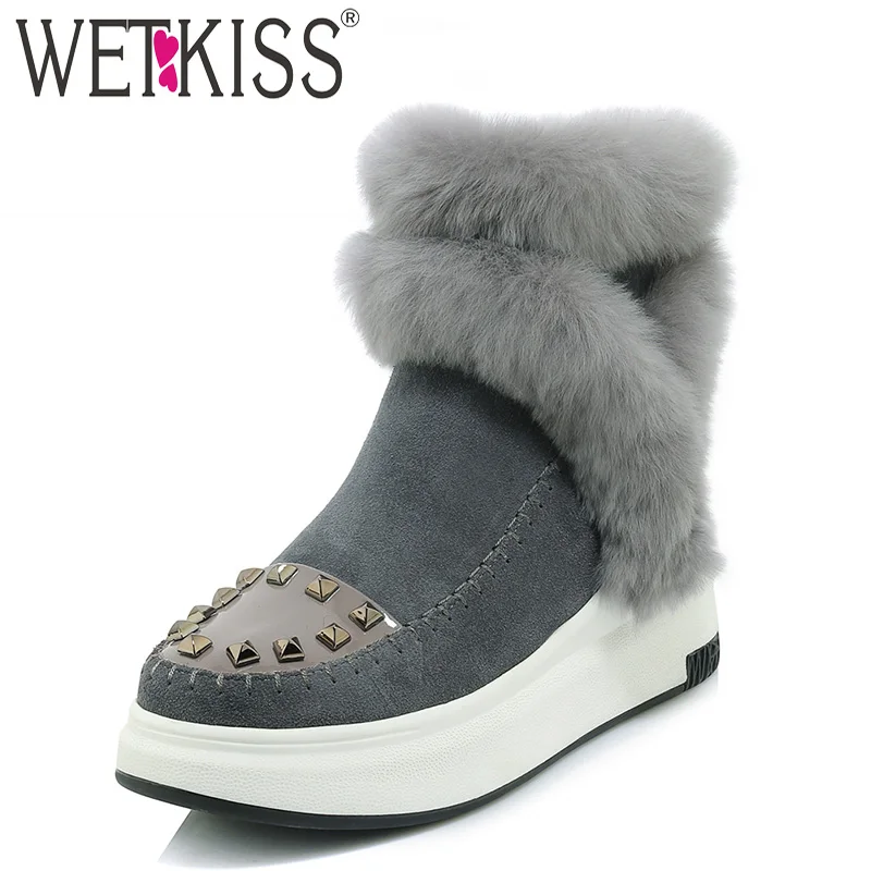 

WETKISS Fur Women Ankle Snow Boots Zip Round Toe Footwear Warm Rivet Female Boot Casual Cow Suede Platform Girl Shoes Woman 2018