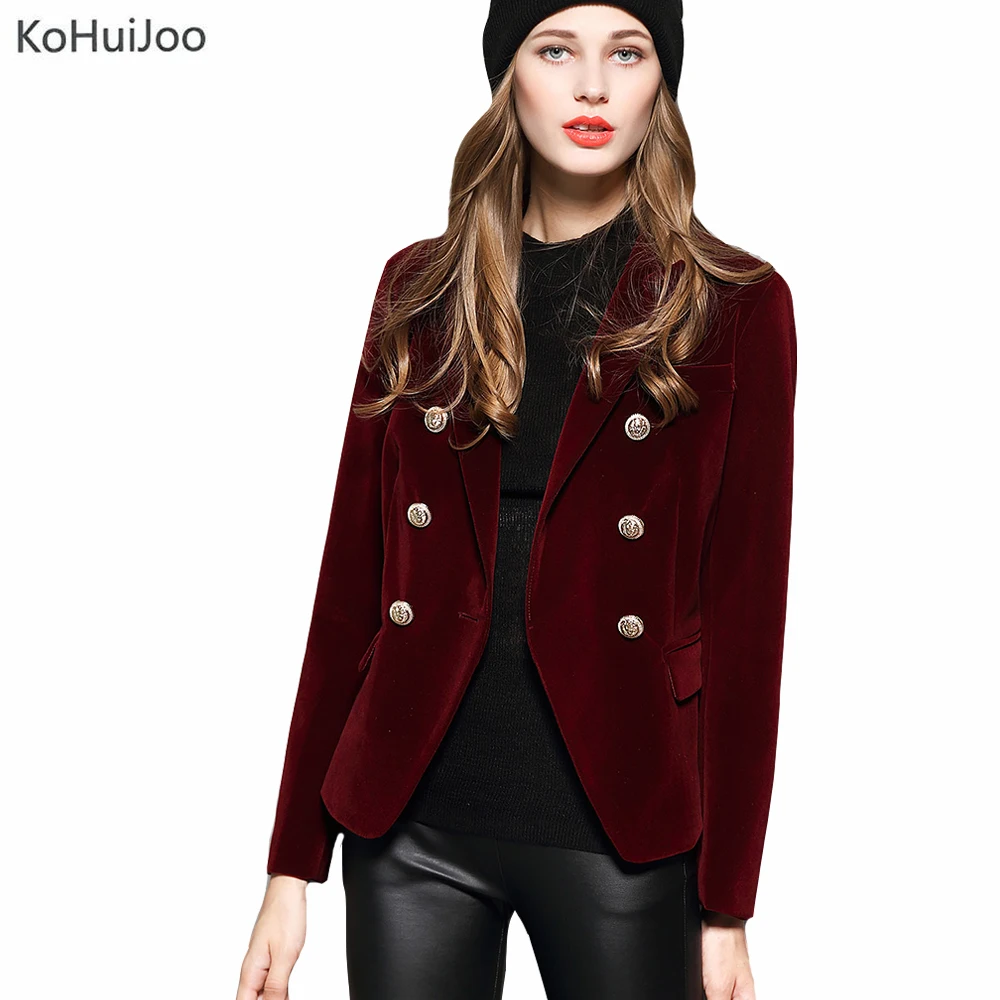 KoHuiJoo 2022 Spring Autumn Women's Blazers Long Sleeve Golden Button Slim Lady Velvet Jackets and Coats Black Wine Red