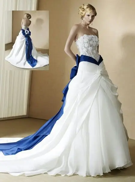 Vimans Elegant Strapless Blue and White Wedding Dresses with Lace