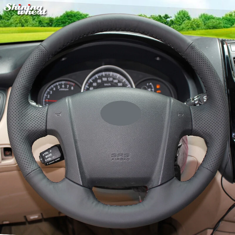 Shining wheat Black Genuine Leather Steering Wheel Cover for Kia