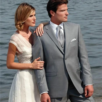

High quality Two Button Fashionable Grey Groom mens Tuxedos Notch Lapel Wedding Men Suit Bridegroom Suits (Jacket+Pant+vest+tie)