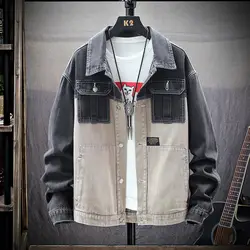 2019 новая джинсовая куртка мужская хип-хоп Лоскутная Ретро Уличная Повседневная куртка-бомбер тонкая мужская Высококачественная