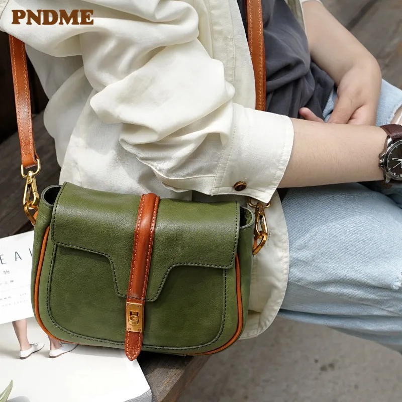 

PNDME handmade green genuine leather ladies shoulder bag hit color cowhide leather female retro women small diagonal cross bag