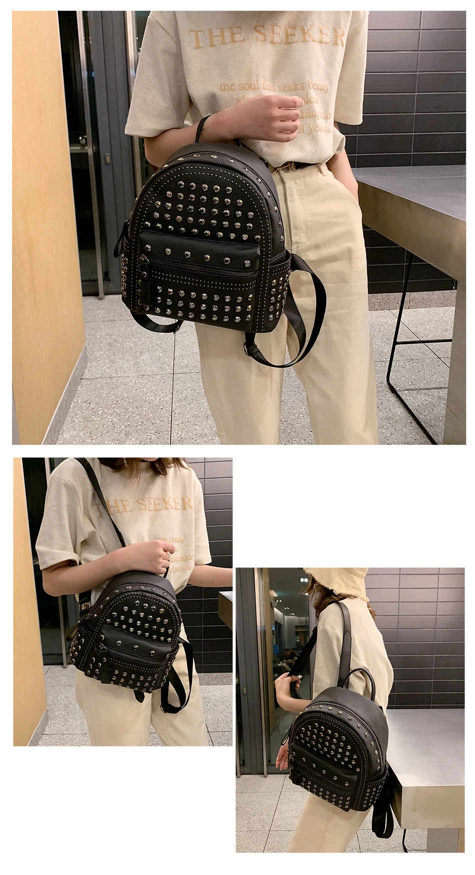 JIEROTYX New Arrival Preppy Leisure Backpack Womens Casual Daypacks Women Soild Zipper Rivet Shoulder Bags Soild Hot Sale