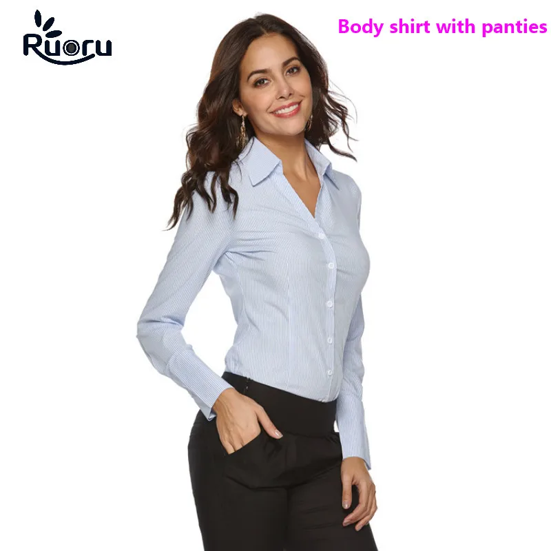 LAIZI Ladies Career Slim Long Sleeve Button Down Bodysuits One-Piece Business Work Office Blouse Leotard Top
