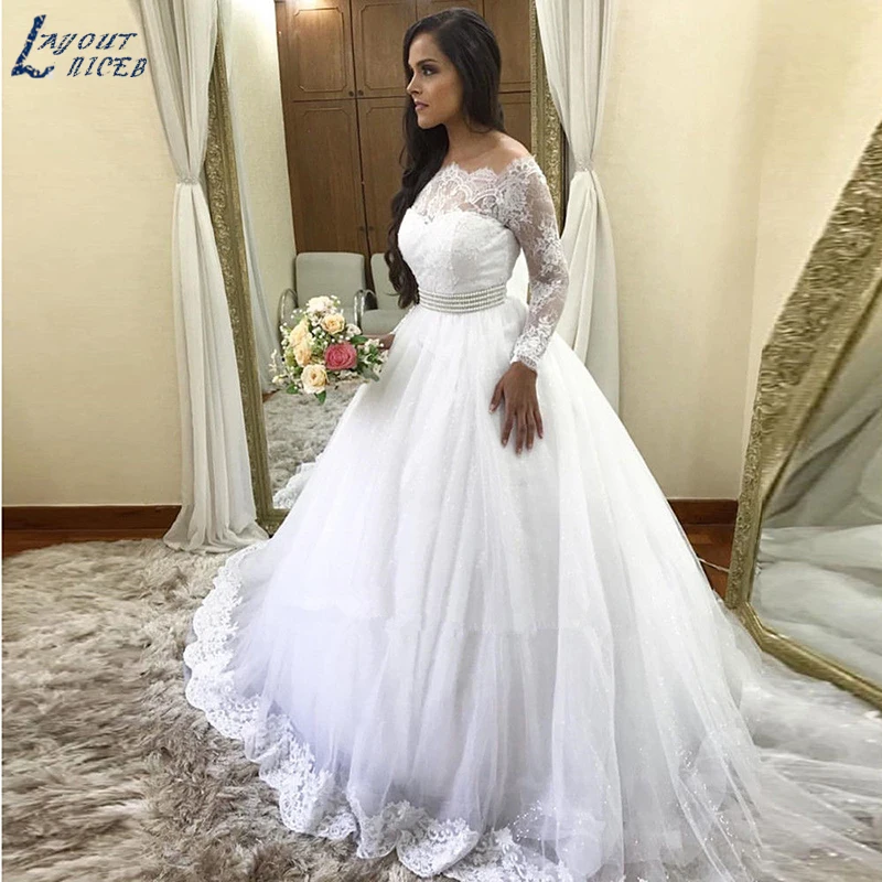 

ZL1009 New Gorgeous Long Sleeves Off the Shoulder Lace Tulle Wedding Dress Bridal Gown Celebrity vestido De Noiva robe de mariee