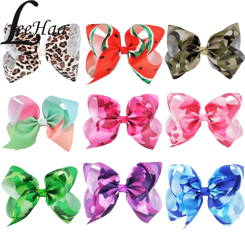 

9PCS Girls Hair Accessories Handmade Hairpins 8 Inch Print Leopard Camouflage Ribbon Hair Bows with Clips Kids Hair Ornaments