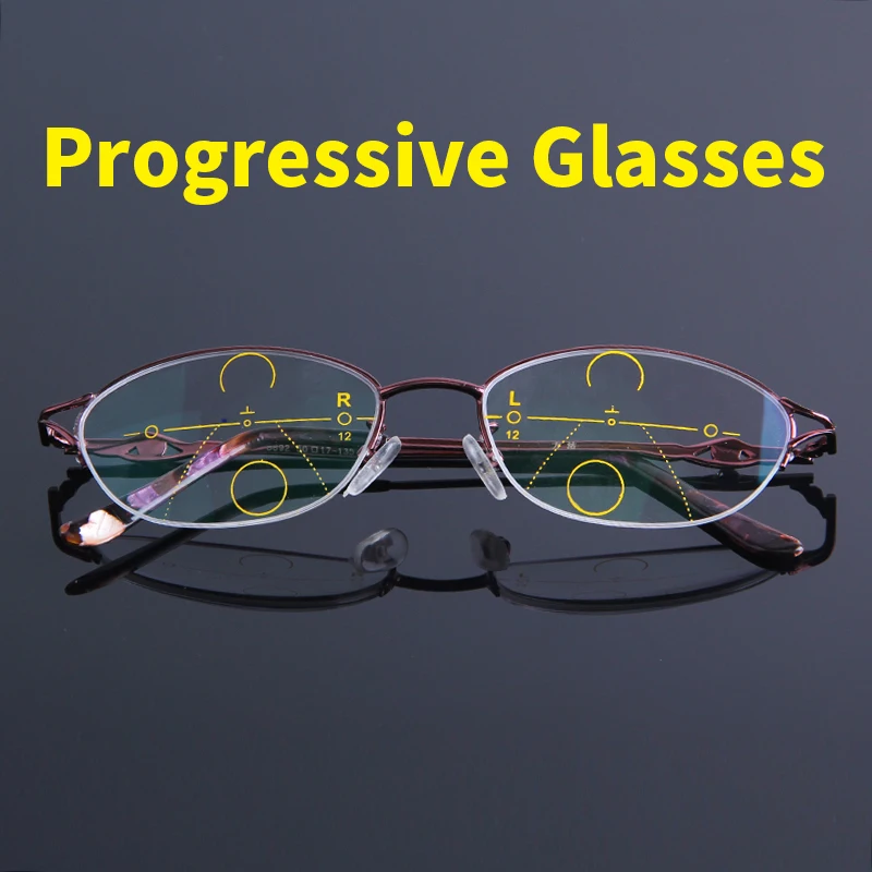 

High Quality Progressive Reading Glasses Women Bifocal Lens Reader Multi-focal Addition Eyeglasses Half Frame Presbyopia 8892P