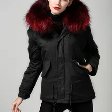 Высокое качество короткие натуральная кожа природный натуральный мех пальто зимняя куртка женская парка с воротником из меха енота с капюшоном Куртка женская с подкладкой