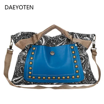 

DAEYOTEN National Style Women Handbags Rivet Canvas Shoulder Bag Big Female Handbag Designer Bags Pu Leather Casual Tote ZM0103