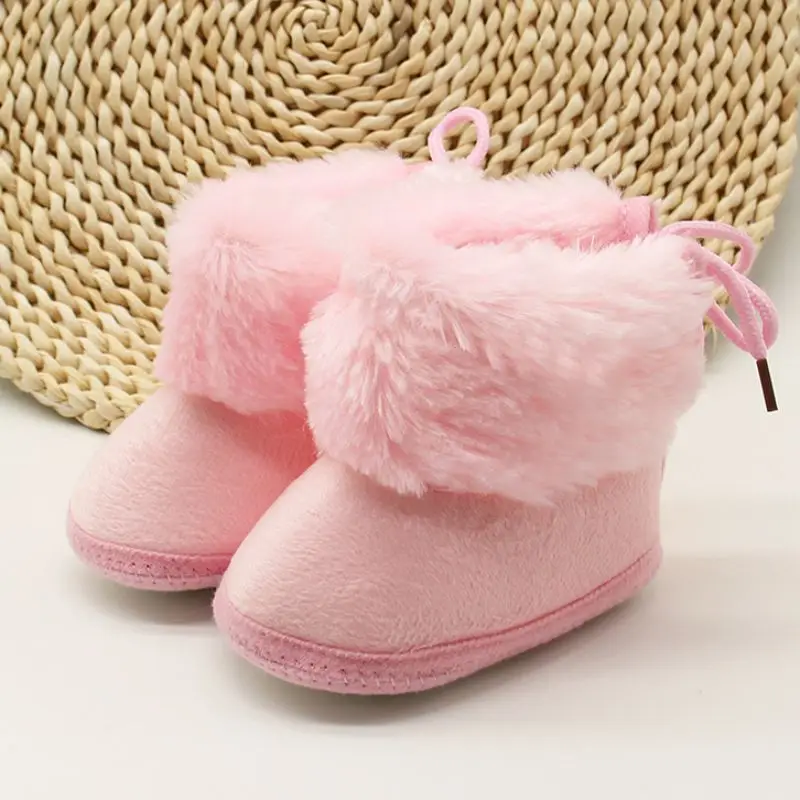 Теплые зимние пинетки для малышей для маленьких девочек ясельного возраста, с узлом-бабочкой противоскользящая бархатная теплая мягкая подошва обувь SZ01 - Цвет: Розовый