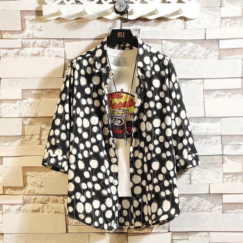 

Summer New Dress Shirt Men Fashion Dot Print Casual Shirt Man Streetwear Trend Wild Hip Hop Loose Seven-point Sleeve Shirt M-5XL