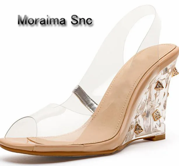

Moraima Snc PVC Transparent shallow peep toe blinking high wedge sling back sandals for woman Casual style in summer free ship