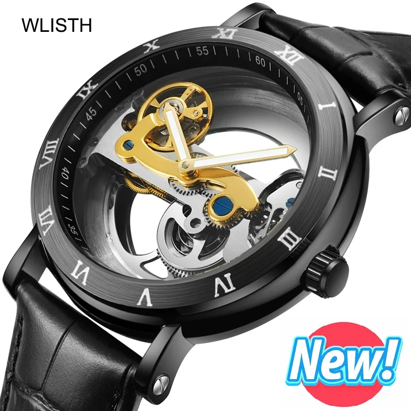 

WLISTH Dual Hollow Automatic Watch Men Waterproof Mechanical Mens Watch Leather Male Luminous Stainless Steel Mens Wristwatch