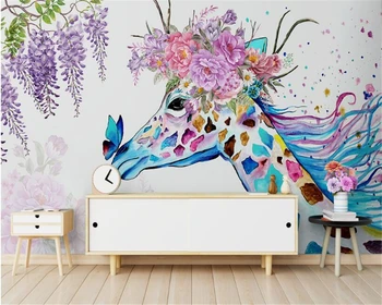

beibehang Custom aesthetic papel de parede 3d wallpaper Nordic minimalist hand-painted giraffe floral wall decorative painting