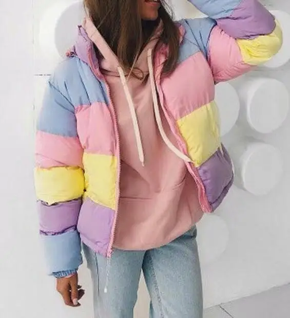 

Multicolor Contrast Rainbow Stripe Warm Jacket Turtleneck Zipper Hooded Coat Korean Japanese Lolita Pink Block Windbreaker Women