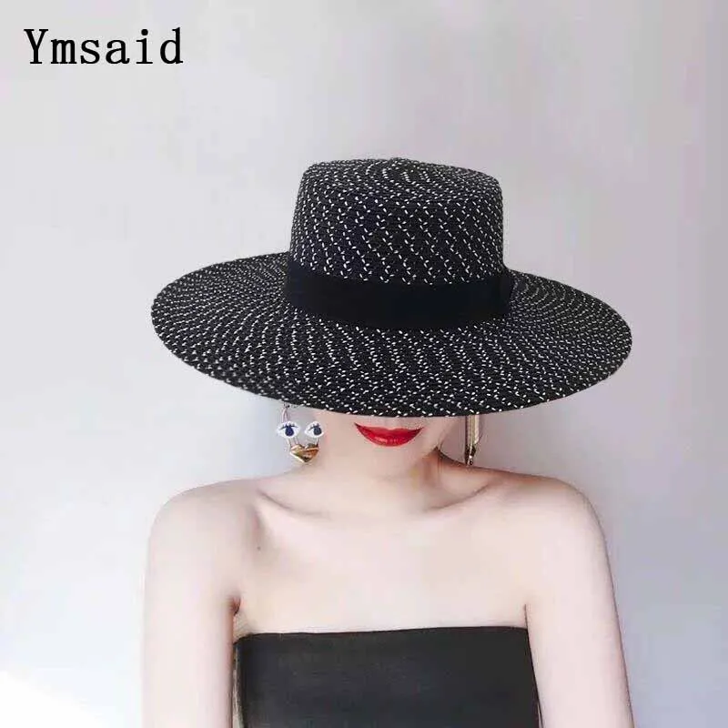 Летняя брендовая Новая женская элегантная черная и белая плоская шляпа от солнца, соломенные шляпы с бантом, модная пляжная шляпа Capeline Chapeaux Femme
